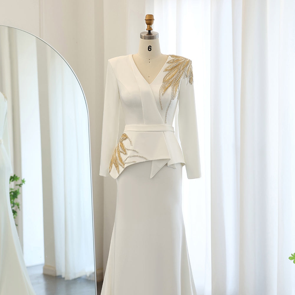 Elegant White Mermaid Evening Dress with Long Sleeves SF295