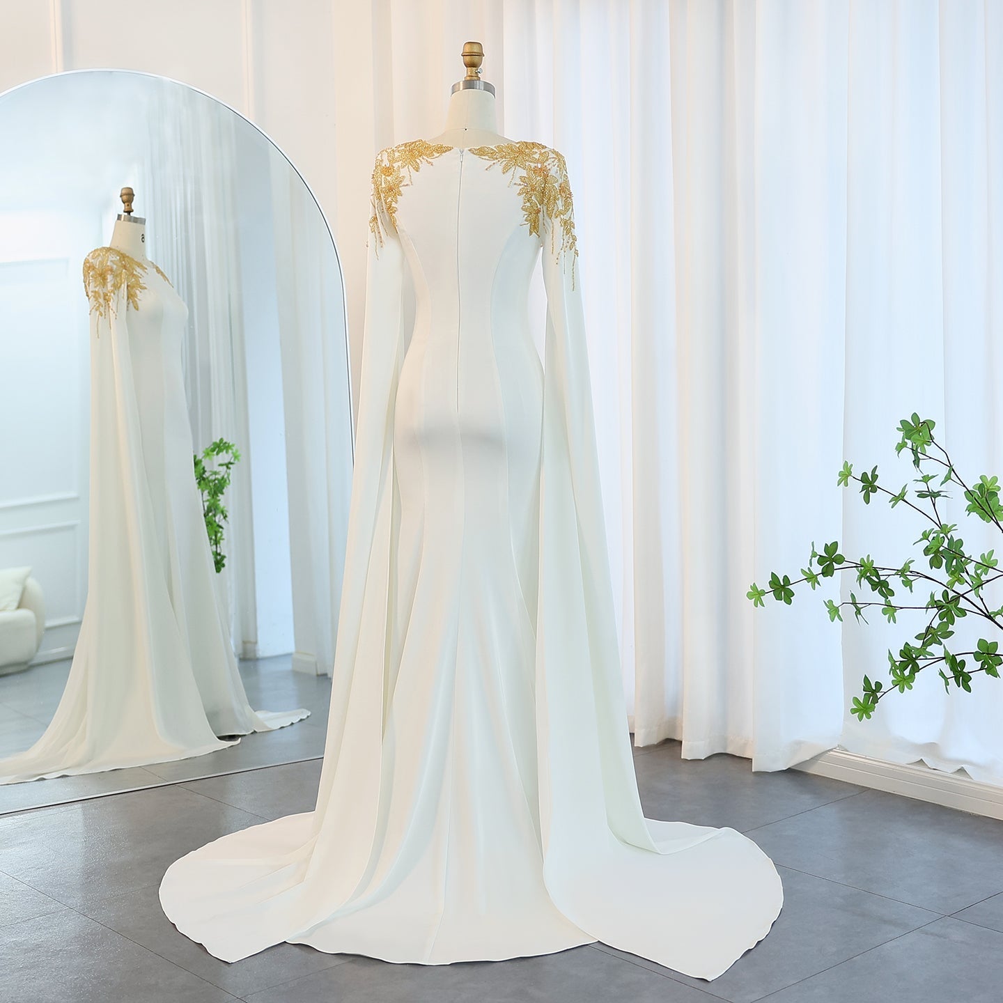 Elegant White Mermaid Evening Dress with Cape Sleeves SF284