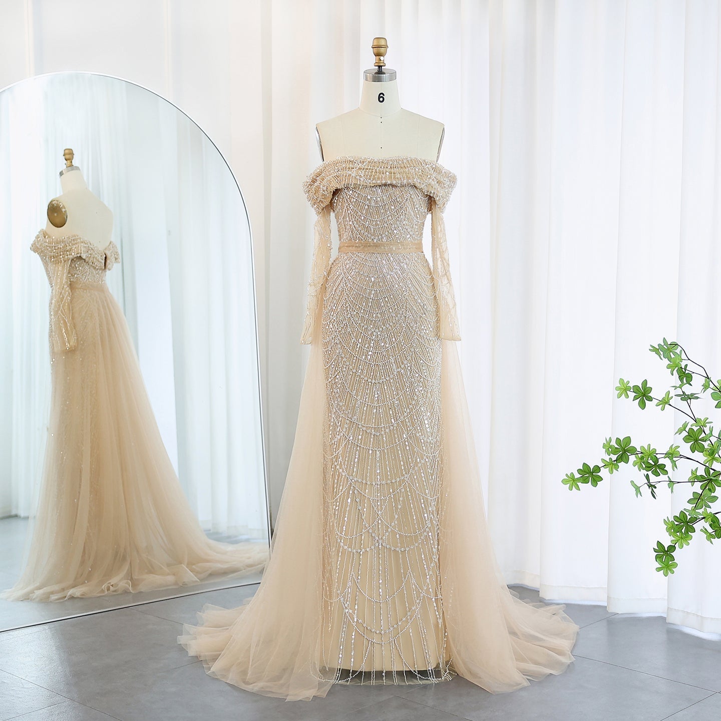 Luxury Off Shoulder Blue Evening Dress with Overskirt SS687  Champgne / US 16