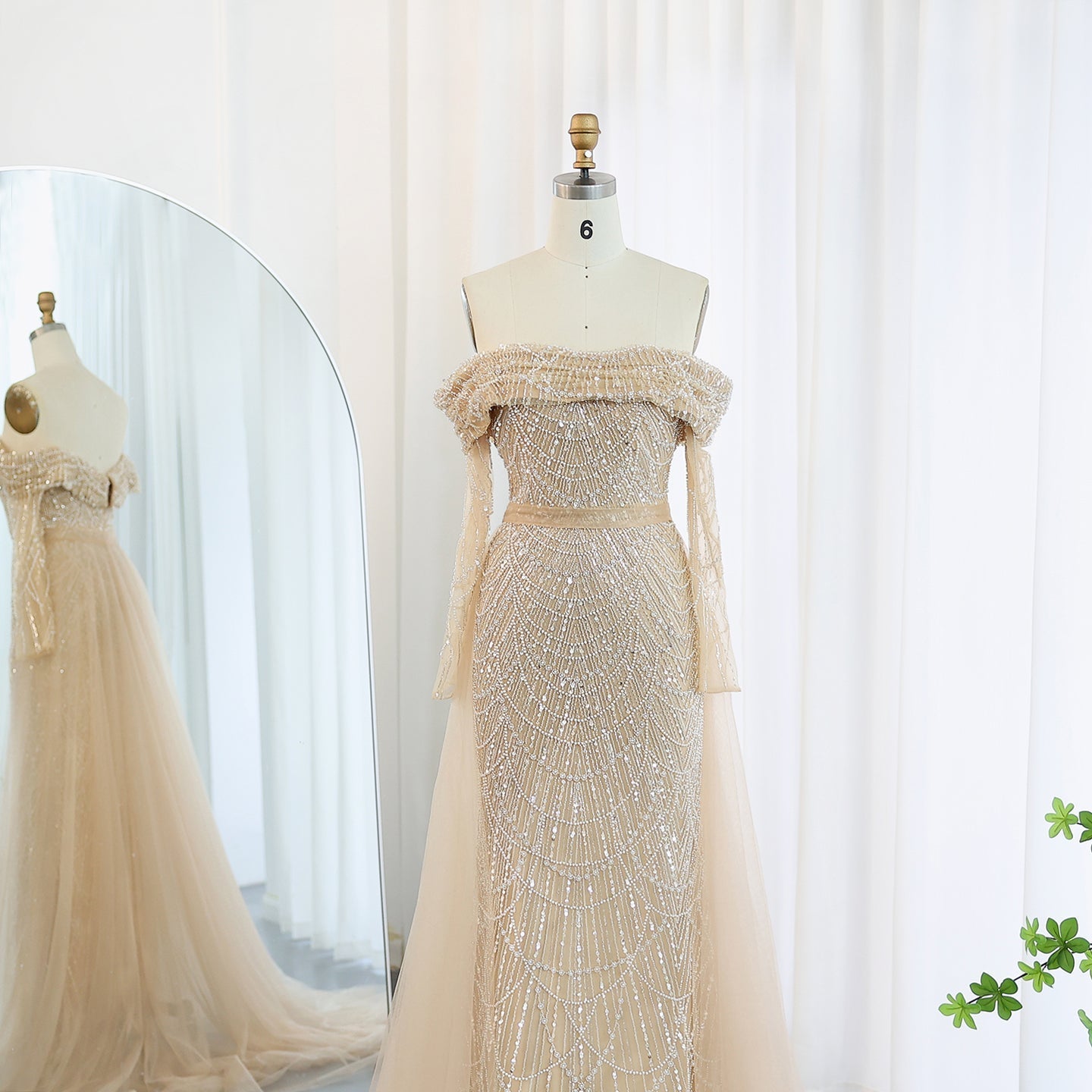 Luxury Off Shoulder Blue Evening Dress with Overskirt SS687