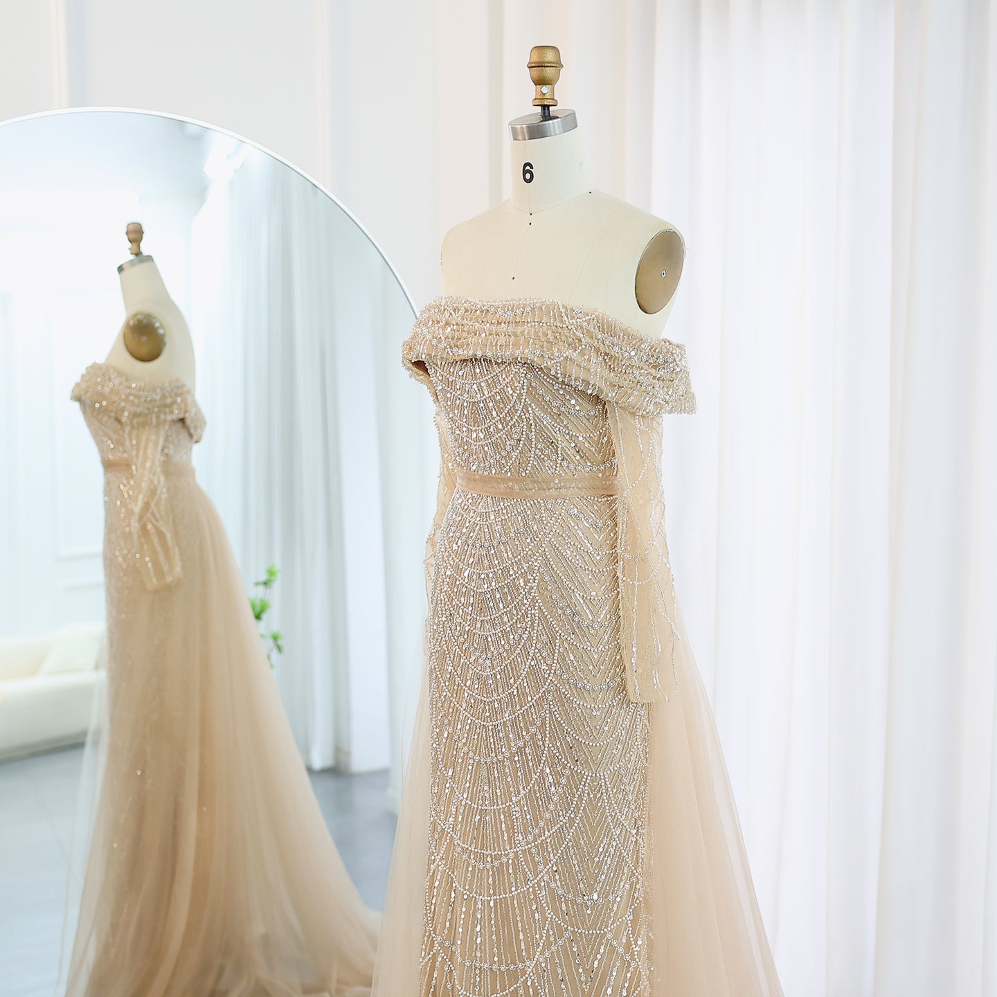 Luxury Off Shoulder Blue Evening Dress with Overskirt SS687