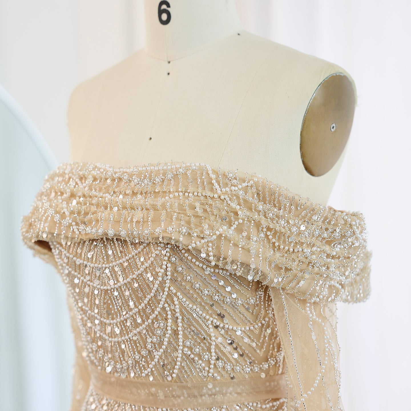 Luxury Off Shoulder Blue Evening Dress with Overskirt SS687