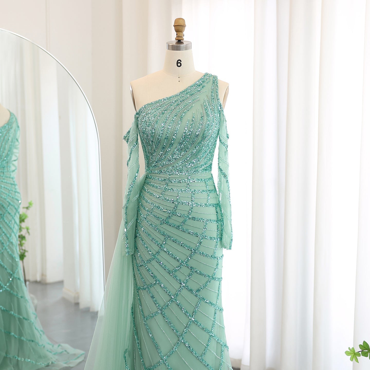 Emerald Green One Shoulder Evening Dress with Overskirt SS197