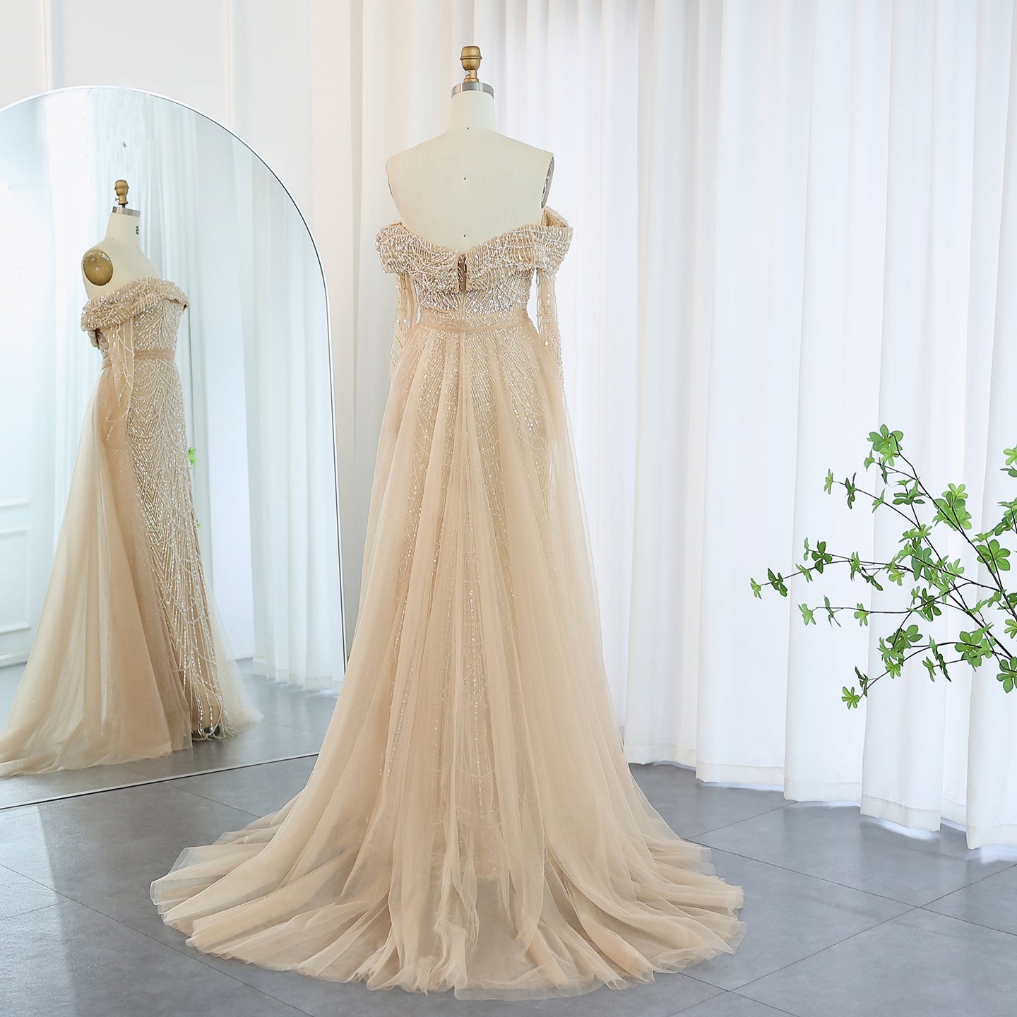 Luxury Off Shoulder Blue Evening Dress with Overskirt SS687