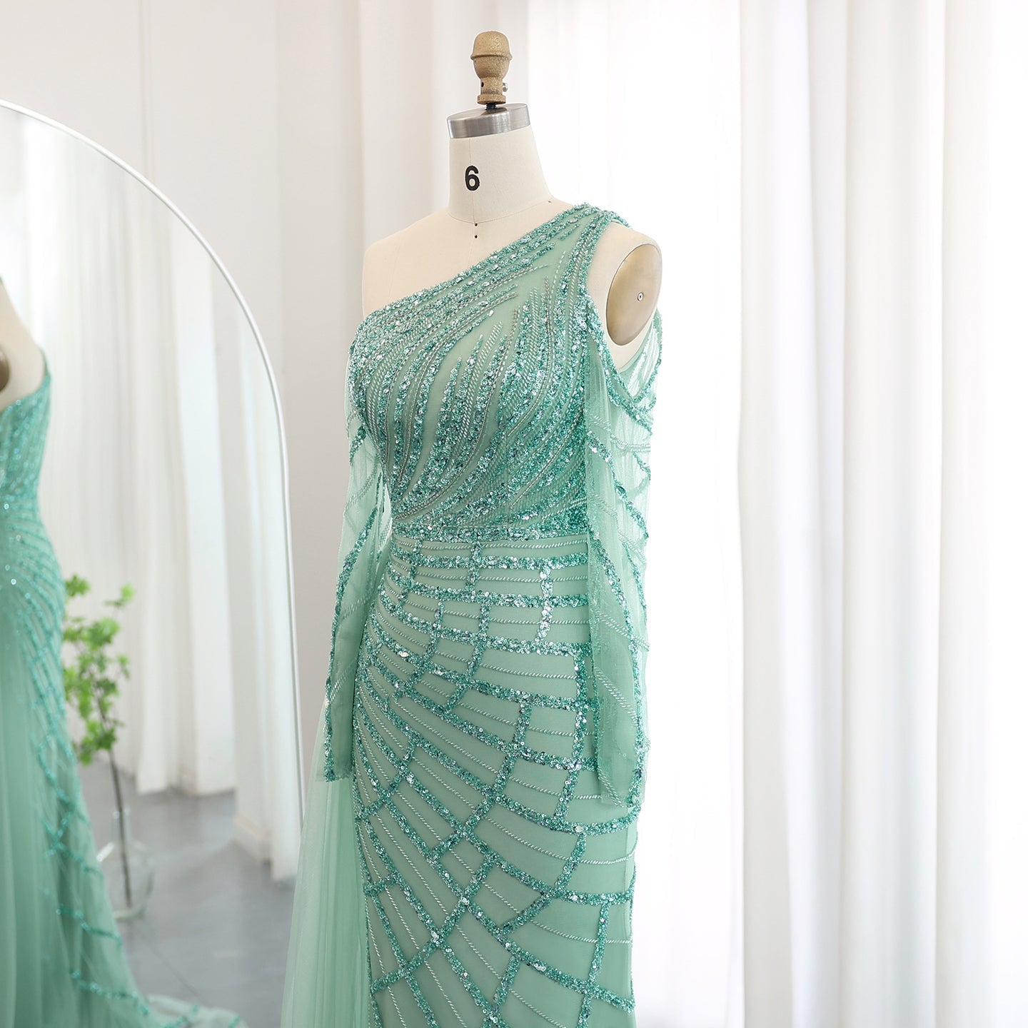 Emerald Green One Shoulder Evening Dress with Overskirt SS197