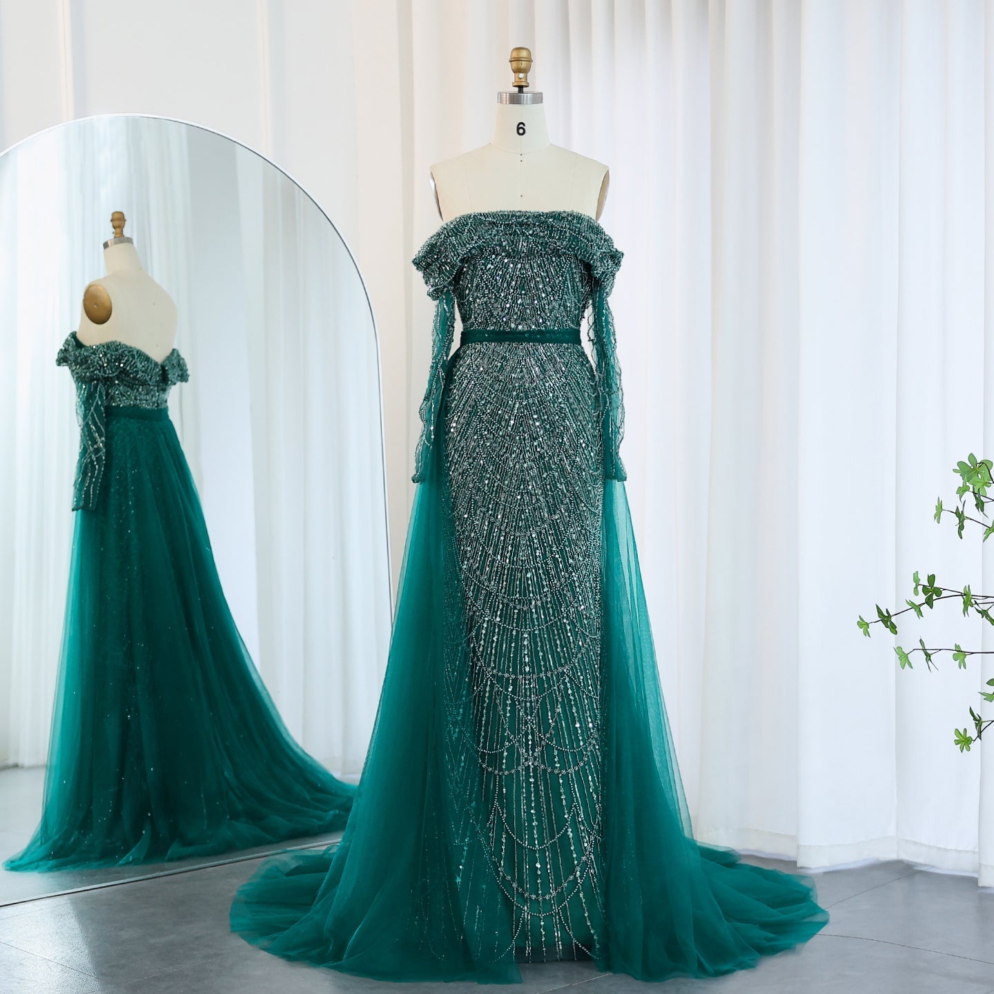 Luxury Off Shoulder Blue Evening Dress with Overskirt SS687  Hunter green / US 16
