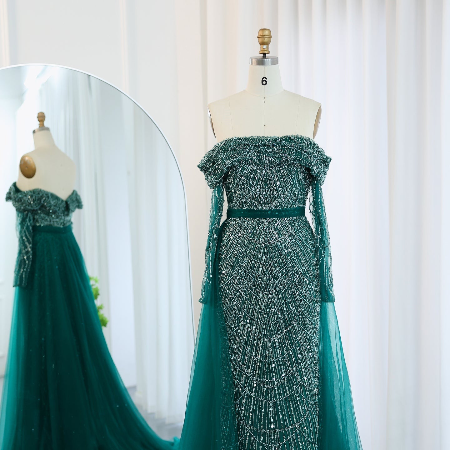 Luxury Off Shoulder Blue Evening Dress with Overskirt SS687