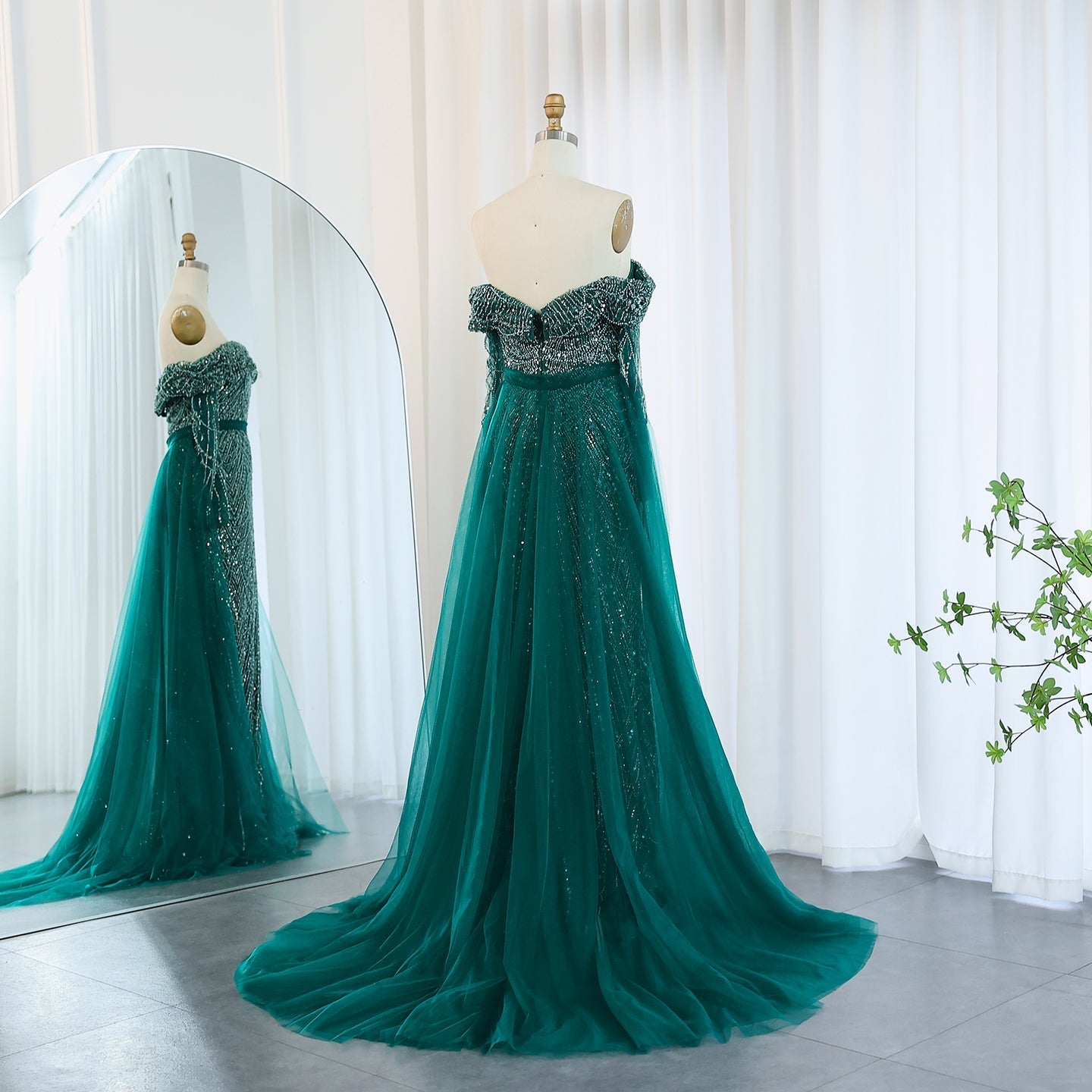 Luxury Off Shoulder Blue Evening Dress with Overskirt SS687