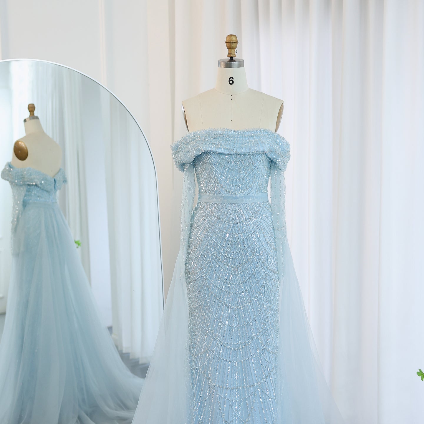 Luxury Off Shoulder Blue Evening Dress with Overskirt SS687