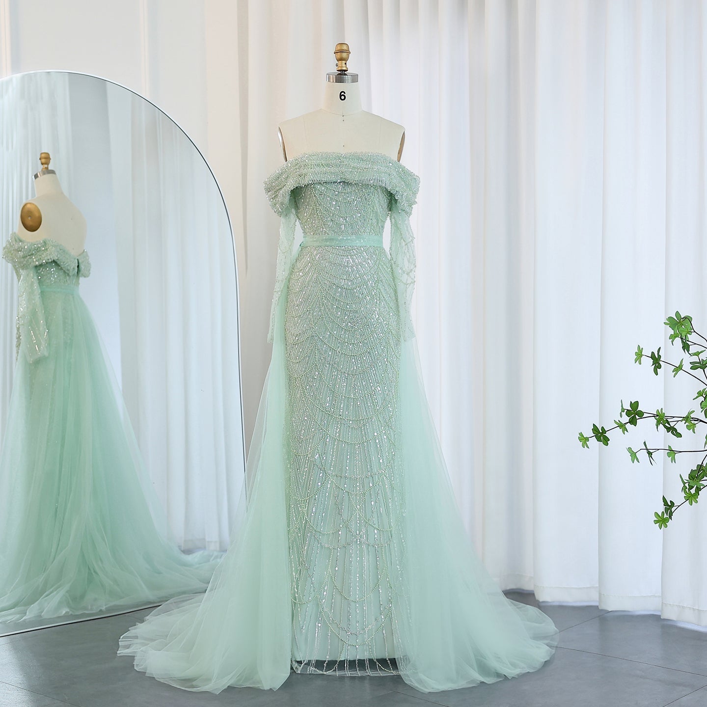 Luxury Off Shoulder Blue Evening Dress with Overskirt SS687  Sage green / US 16