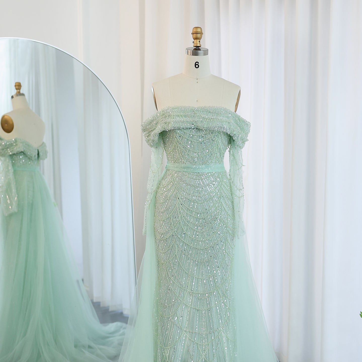 Luxury Off Shoulder Blue Evening Dress with Overskirt SS687