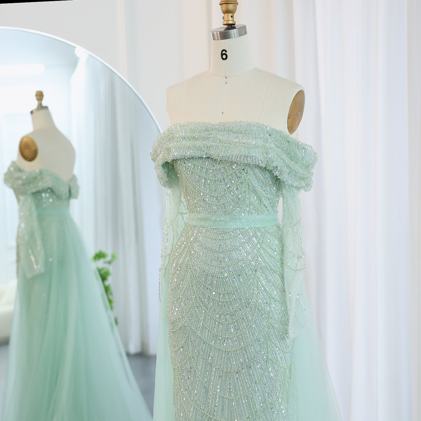 Luxury Off Shoulder Blue Evening Dress with Overskirt SS687