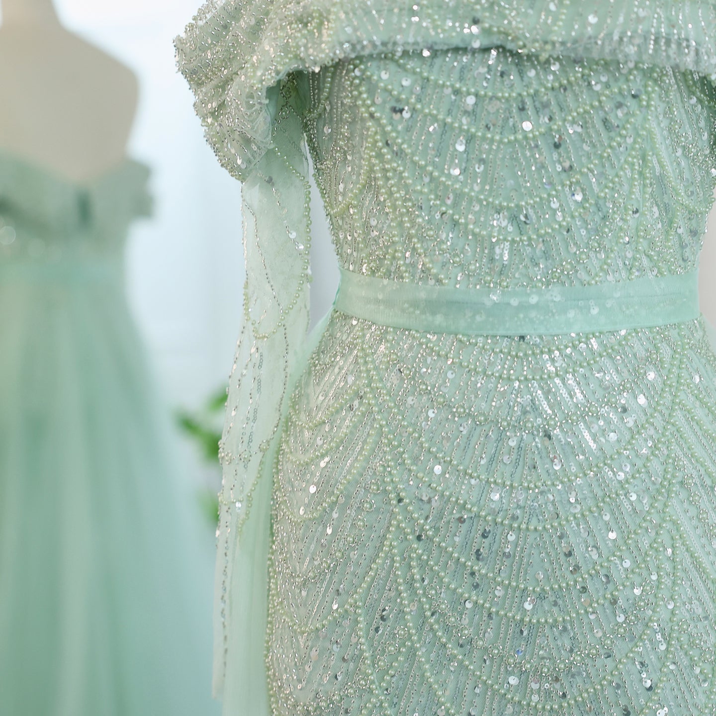 Luxury Off Shoulder Blue Evening Dress with Overskirt SS687