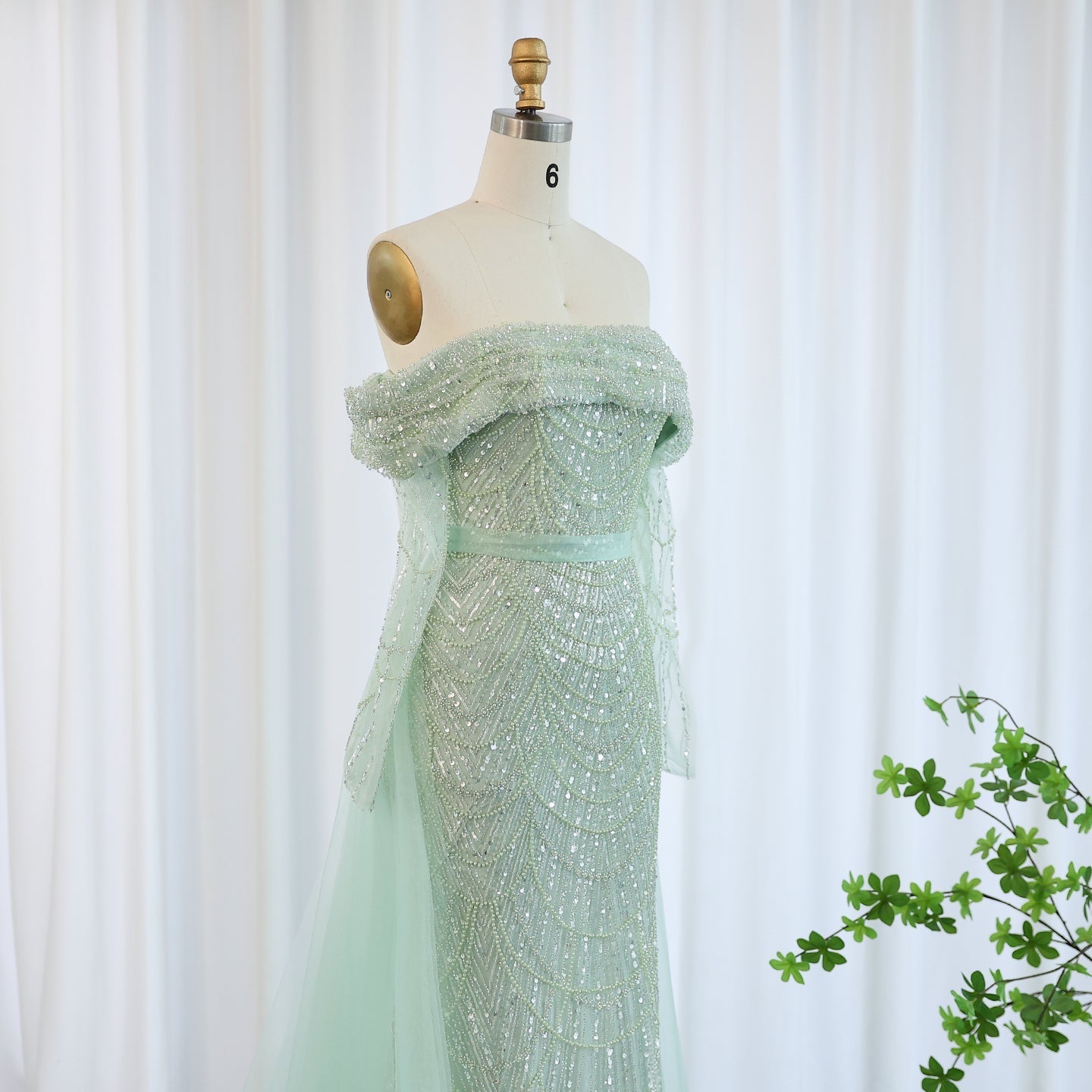 Luxury Off Shoulder Blue Evening Dress with Overskirt SS687