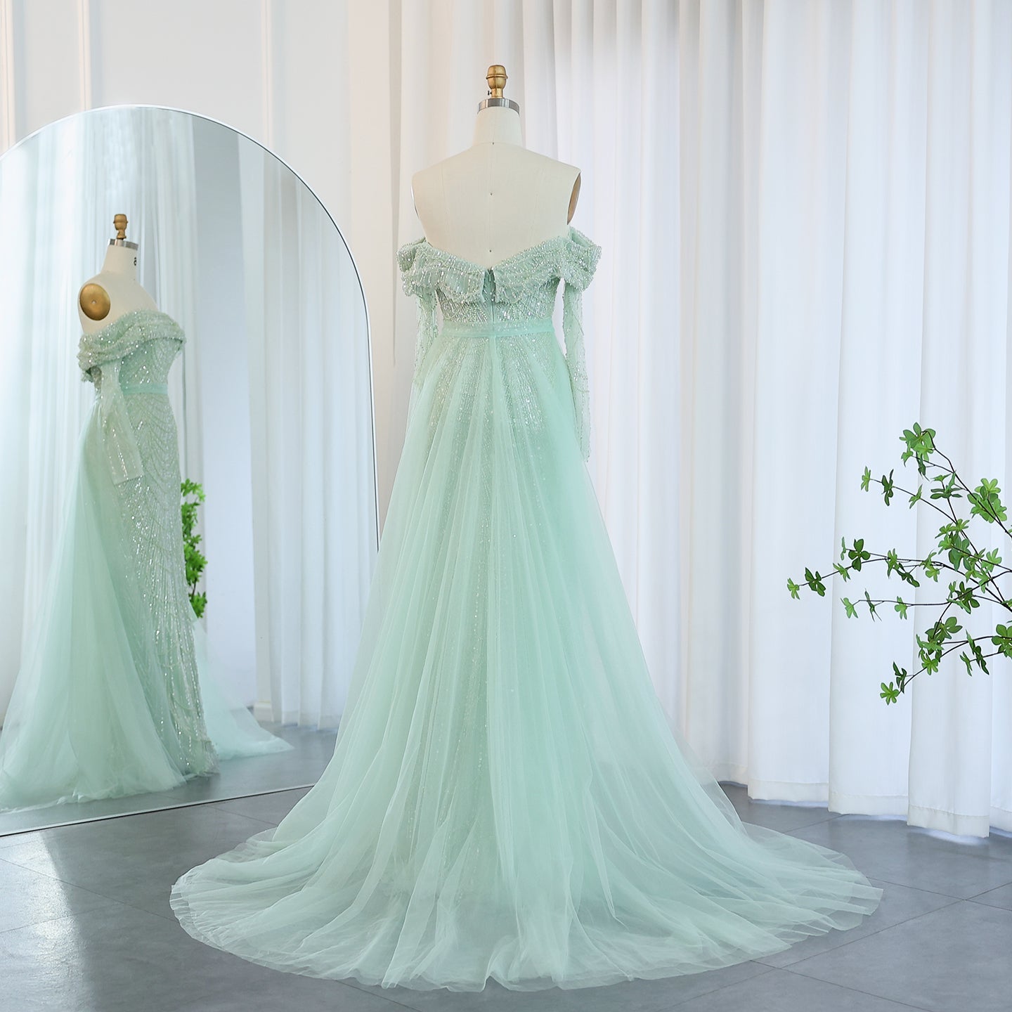 Luxury Off Shoulder Blue Evening Dress with Overskirt SS687