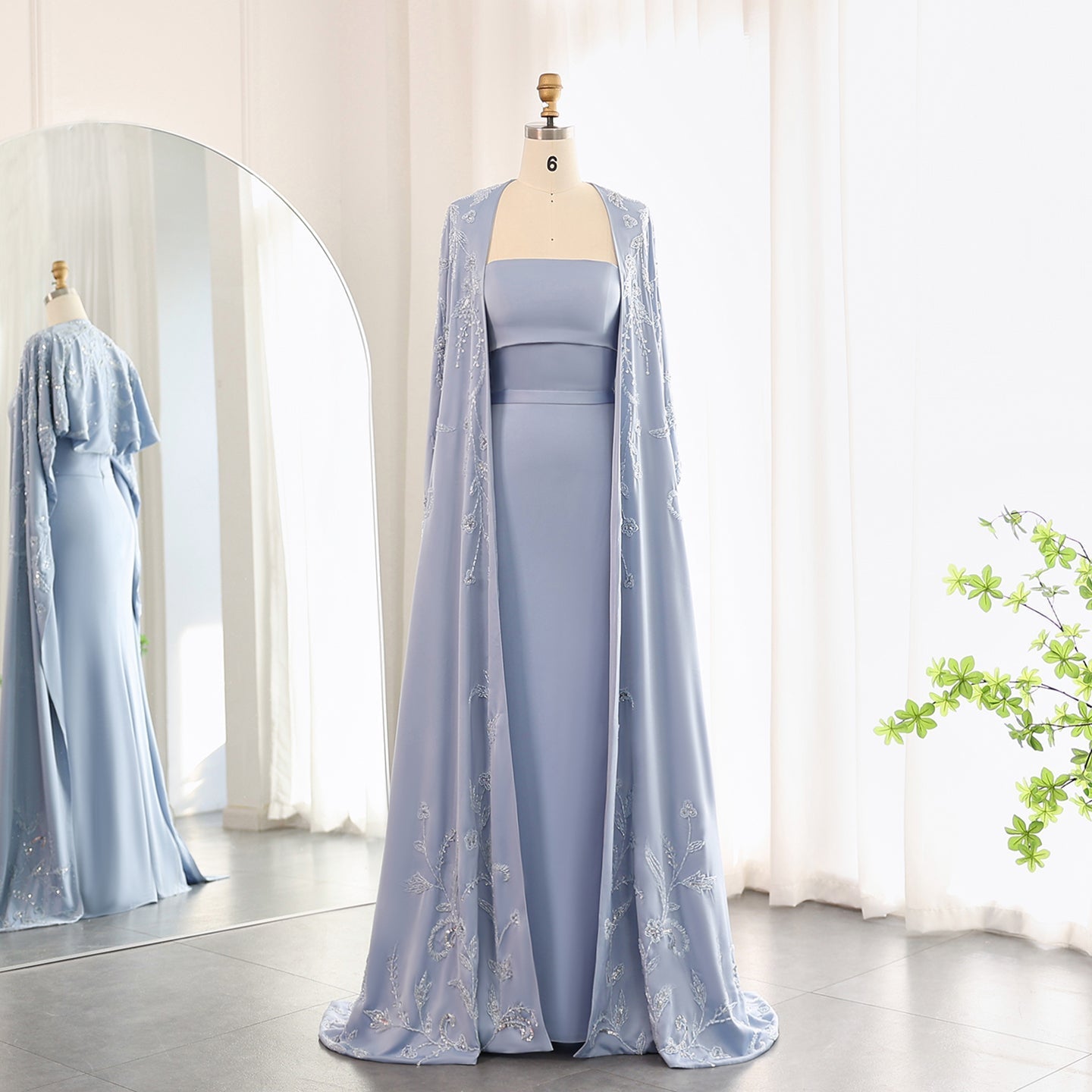 Elegant Blue Mermaid Evening Dress with Cape Sleeves SS407  Blue / US 20