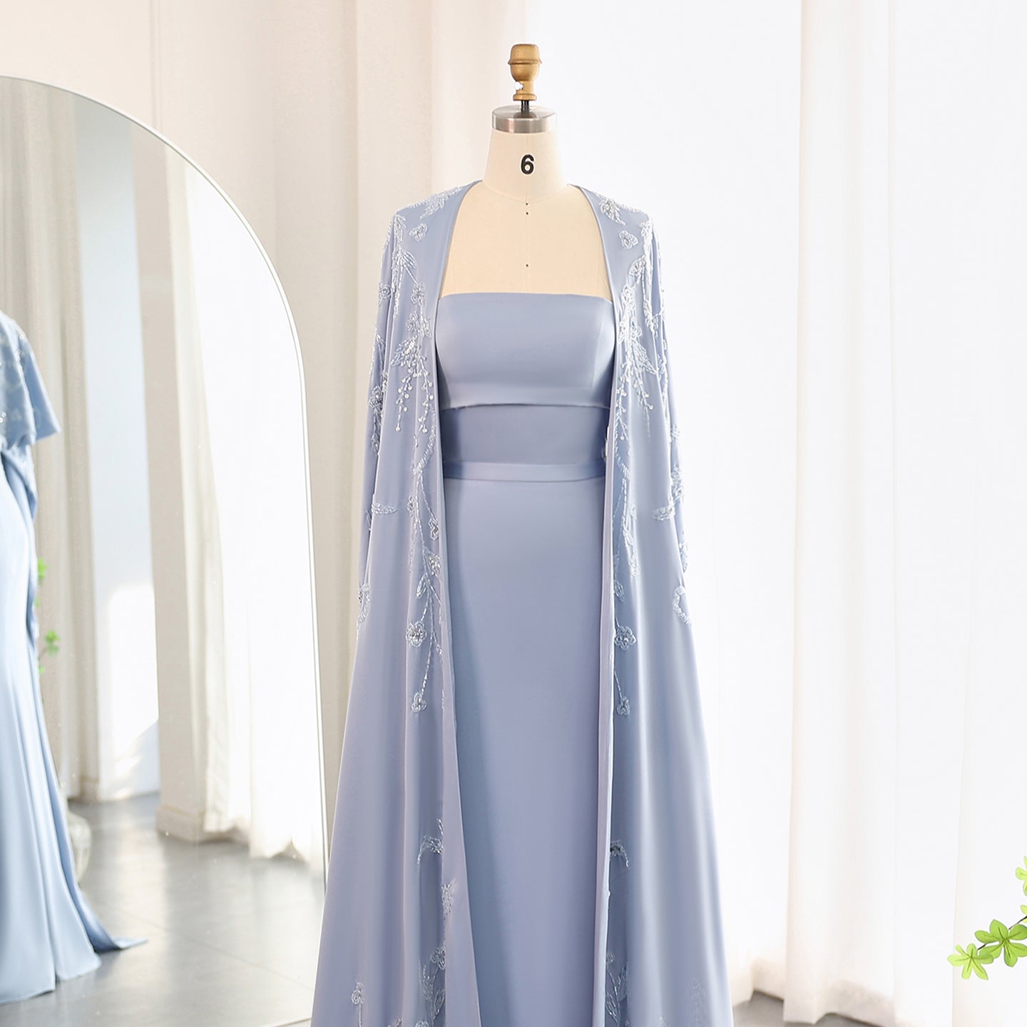 Elegant Blue Mermaid Evening Dress with Cape Sleeves SS407