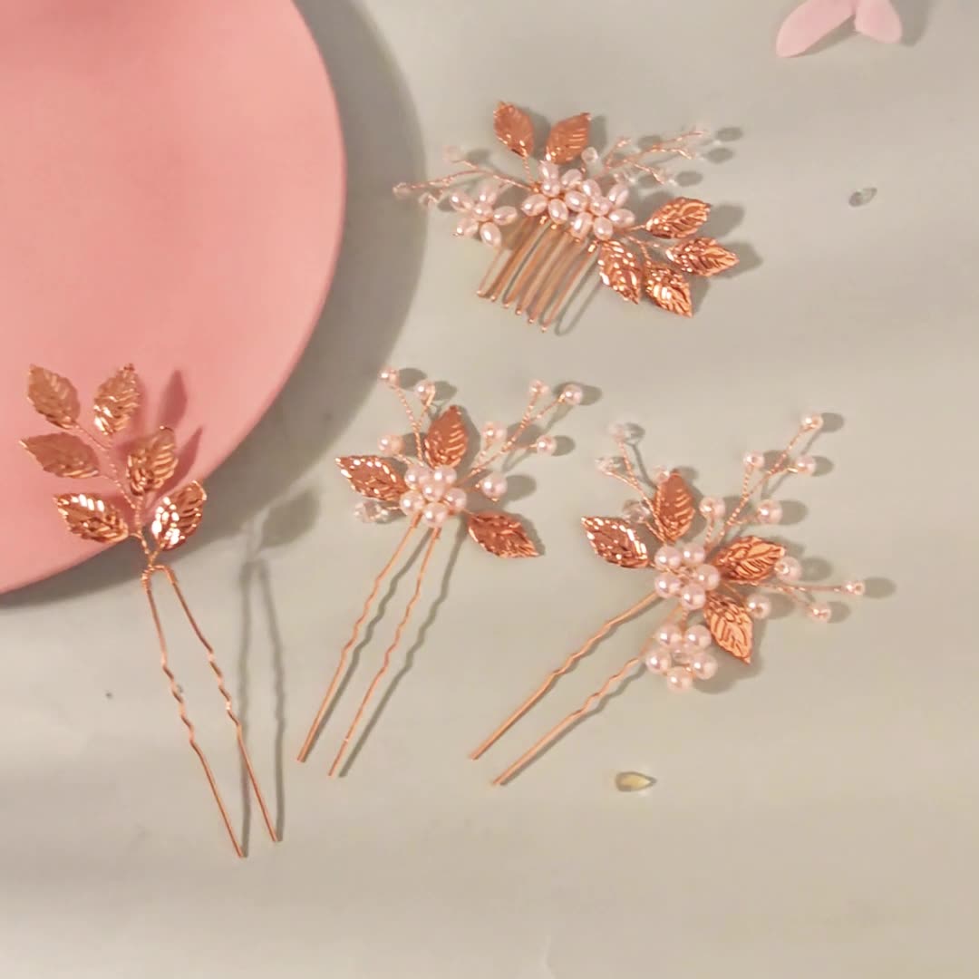 Golden Leaf and Pearl Winding Hair Comb and Hairpin Set(4 piece set)