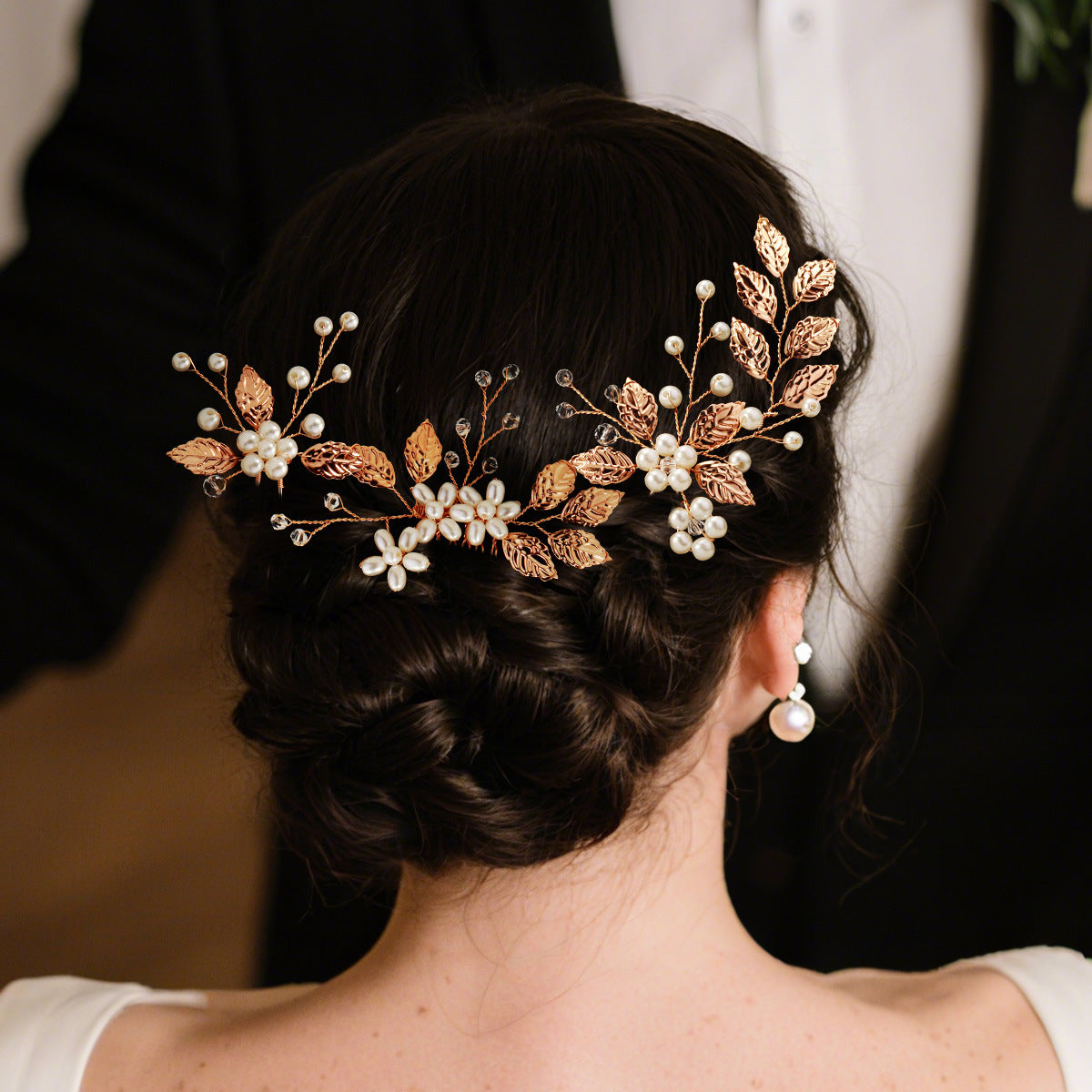Golden Leaf and Pearl Winding Hair Comb and Hairpin Set(4 piece set)