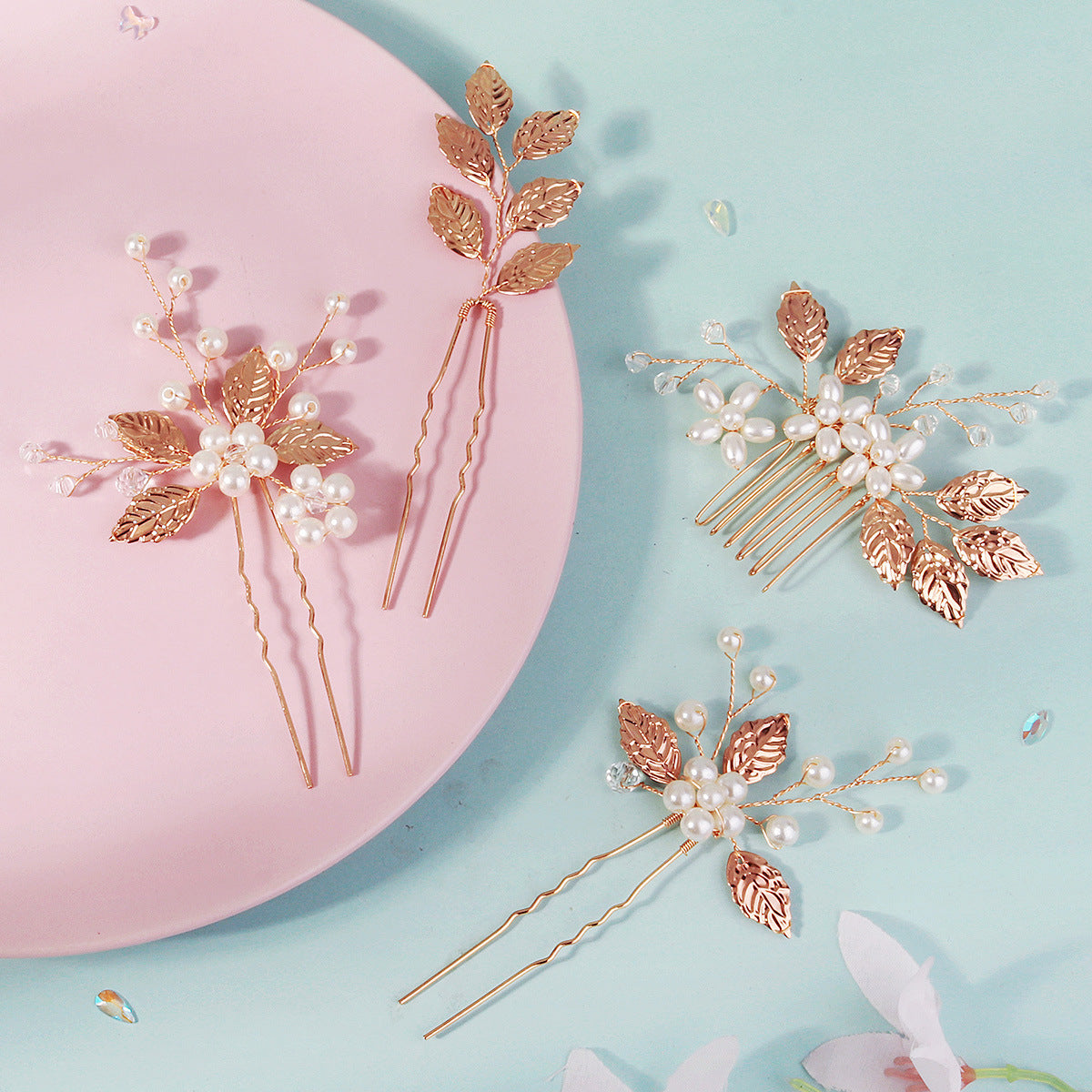 Golden Leaf and Pearl Winding Hair Comb and Hairpin Set(4 piece set)