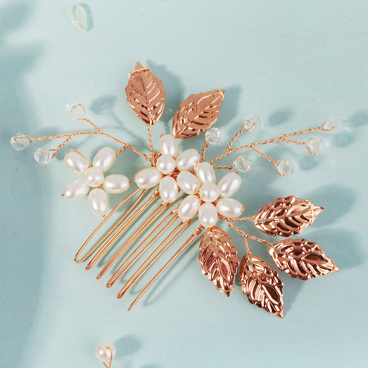 Golden Leaf and Pearl Winding Hair Comb and Hairpin Set(4 piece set)