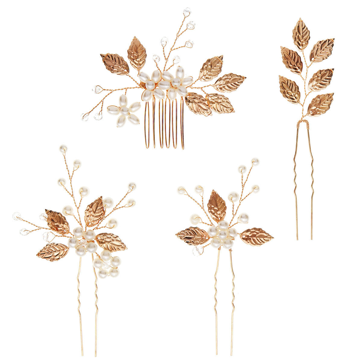 Golden Leaf and Pearl Winding Hair Comb and Hairpin Set(4 piece set)