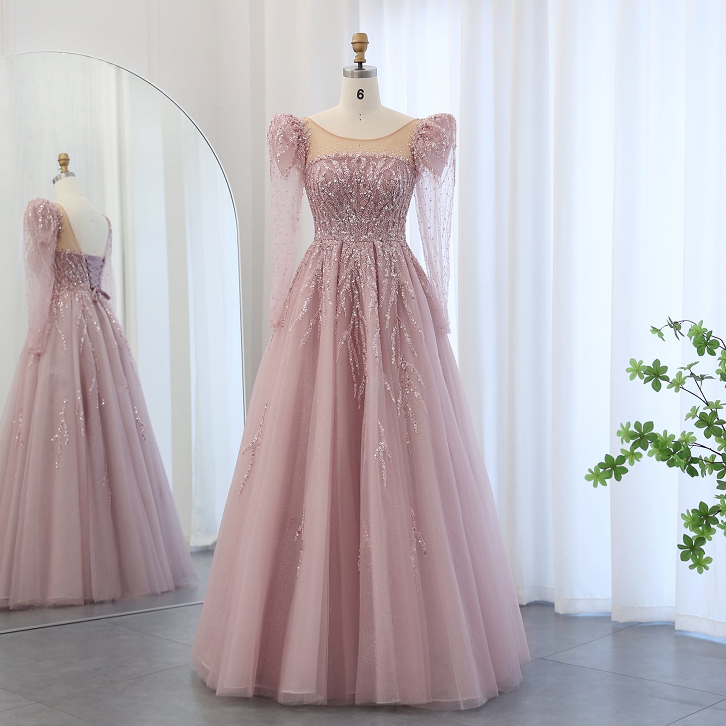 Luxury Beaded Pink Long Sleeves Evening Dress SS453