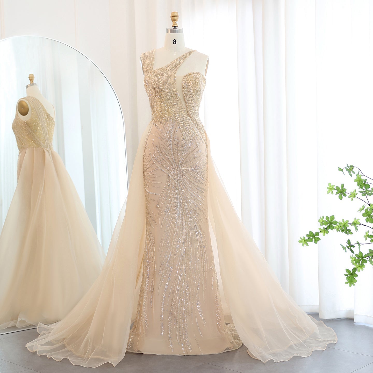 Luxury Emerald Green Evening Dress with Overskirt SS128  Champagne / US 20