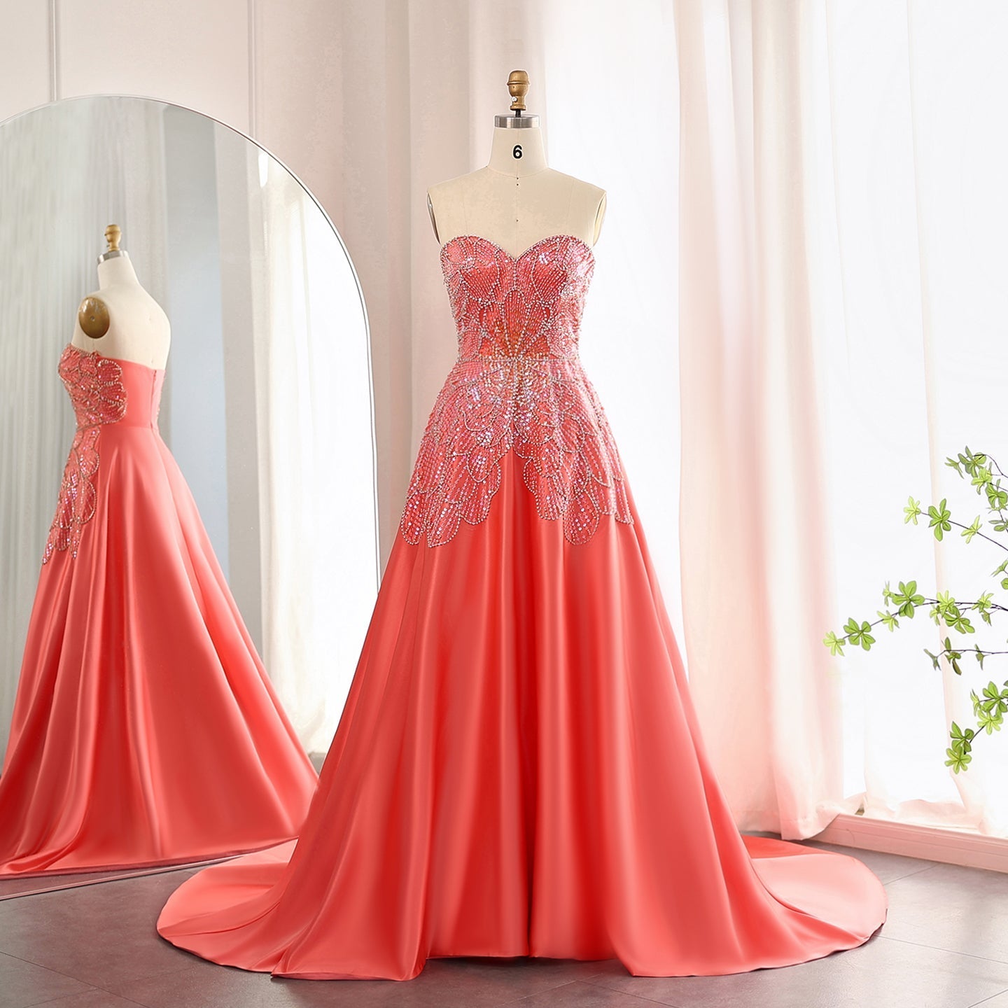 Luxury Beaded Butterfly Beige Strapless Evening Dress SS467  Coral pink / US 16