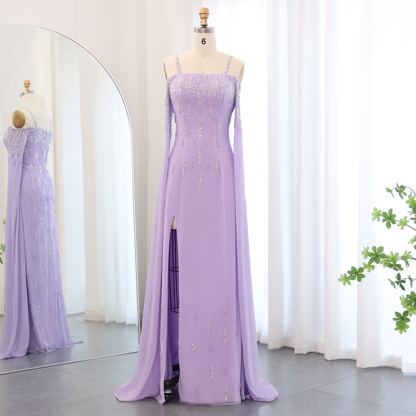 Luxury Lilac Mermaid Slit Evening Dress with Cape Sleeves SS448