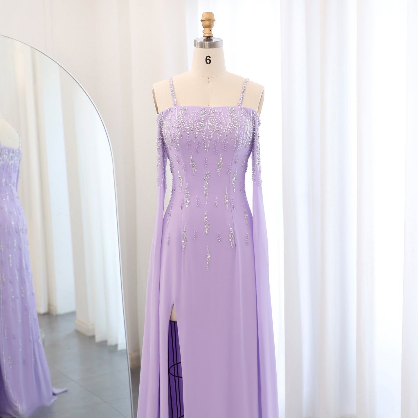 Luxury Lilac Mermaid Slit Evening Dress with Cape Sleeves SS448