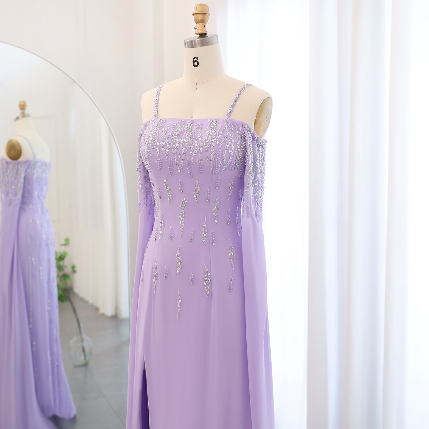 Luxury Lilac Mermaid Slit Evening Dress with Cape Sleeves SS448