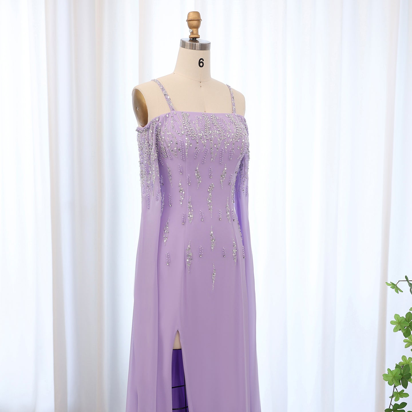 Luxury Lilac Mermaid Slit Evening Dress with Cape Sleeves SS448