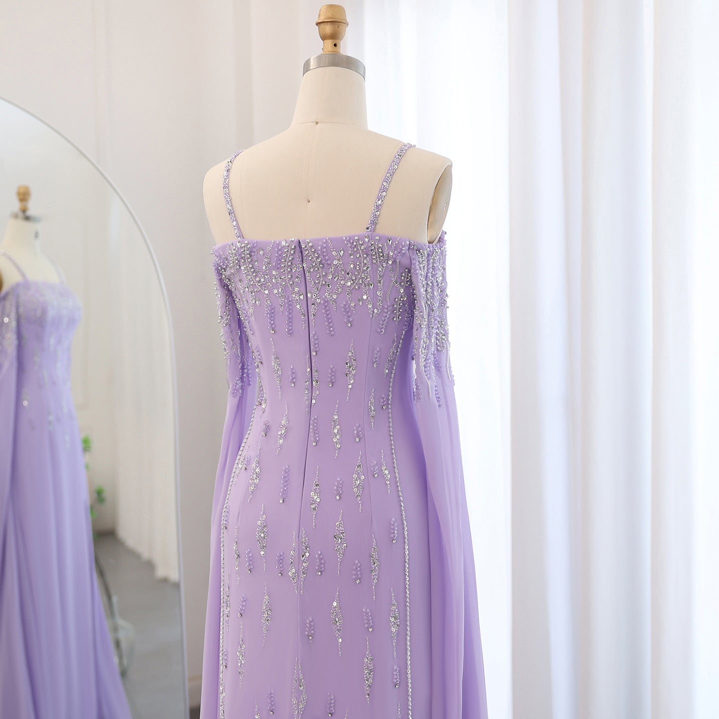 Luxury Lilac Mermaid Slit Evening Dress with Cape Sleeves SS448