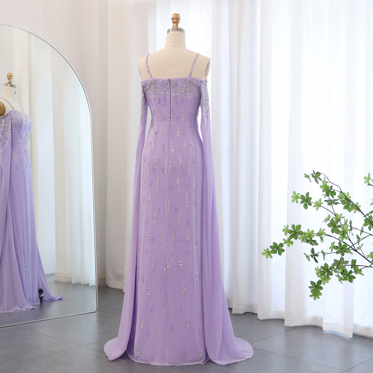 Luxury Lilac Mermaid Slit Evening Dress with Cape Sleeves SS448