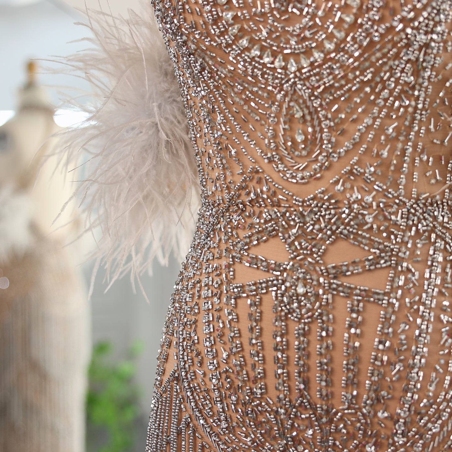 Luxury Tassel Feather Silver Nude Evening Dress SS187