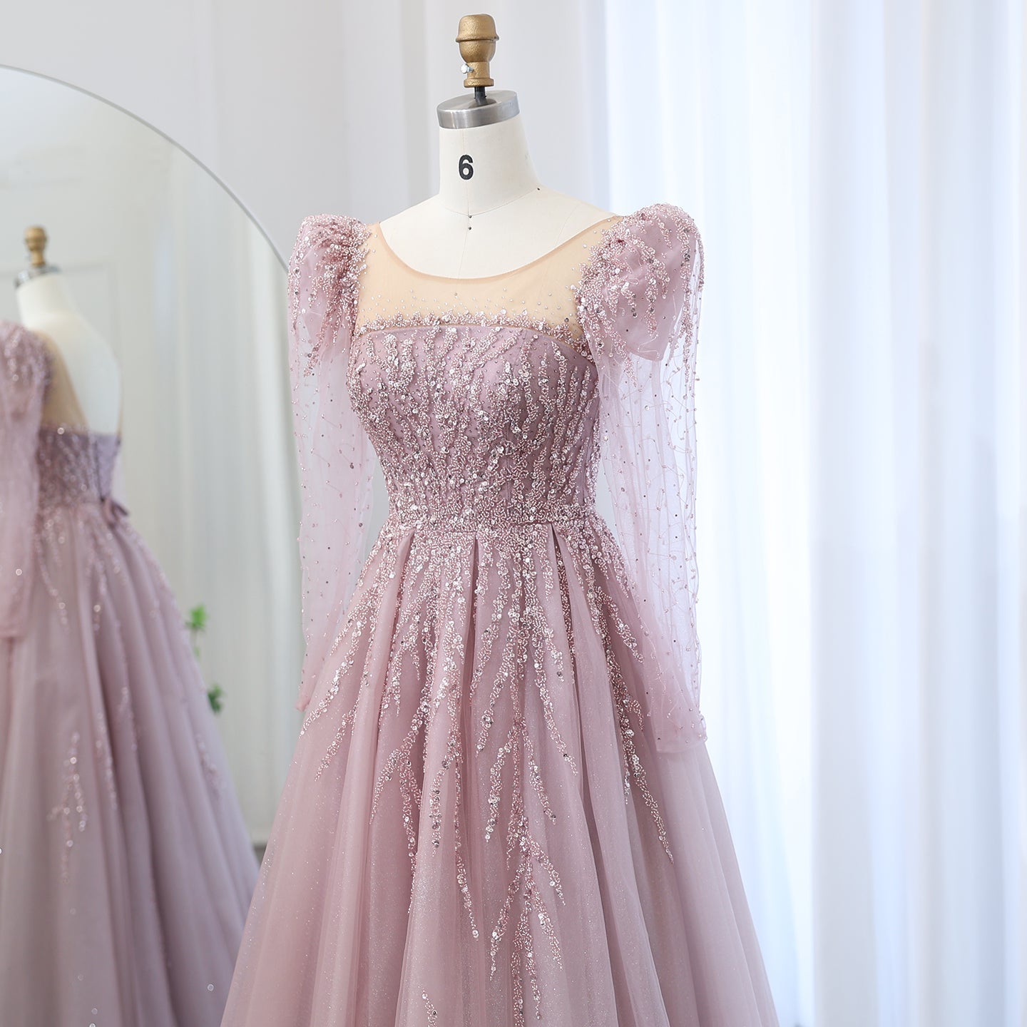 Luxury Beaded Pink Long Sleeves Evening Dress SS453