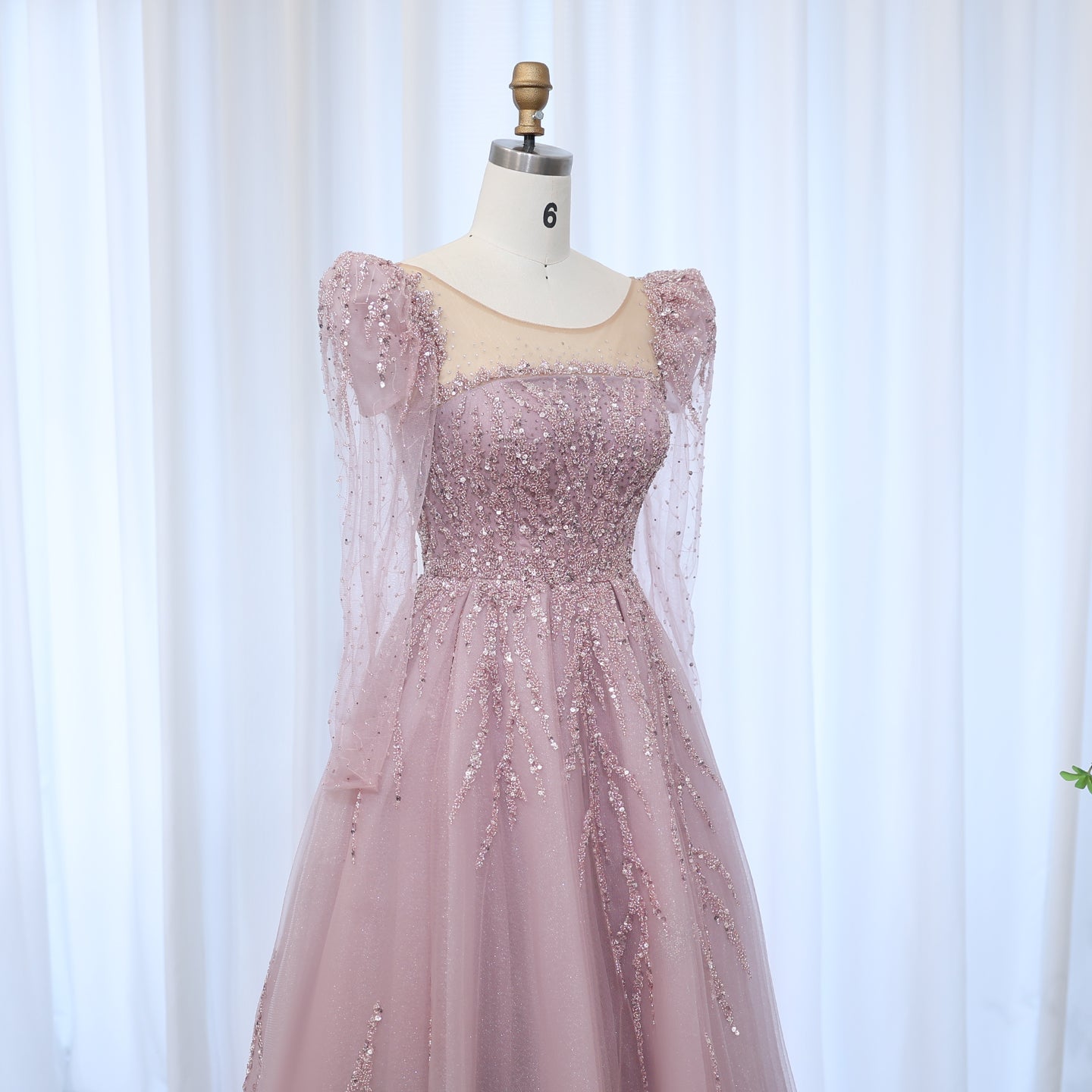 Luxury Beaded Pink Long Sleeves Evening Dress SS453