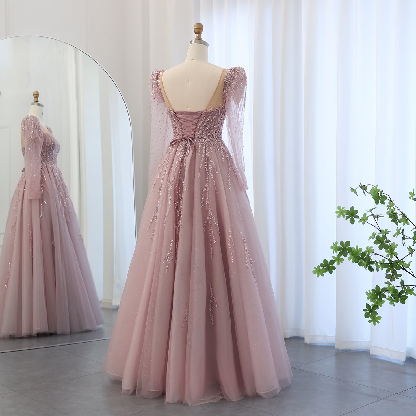 Luxury Beaded Pink Long Sleeves Evening Dress SS453