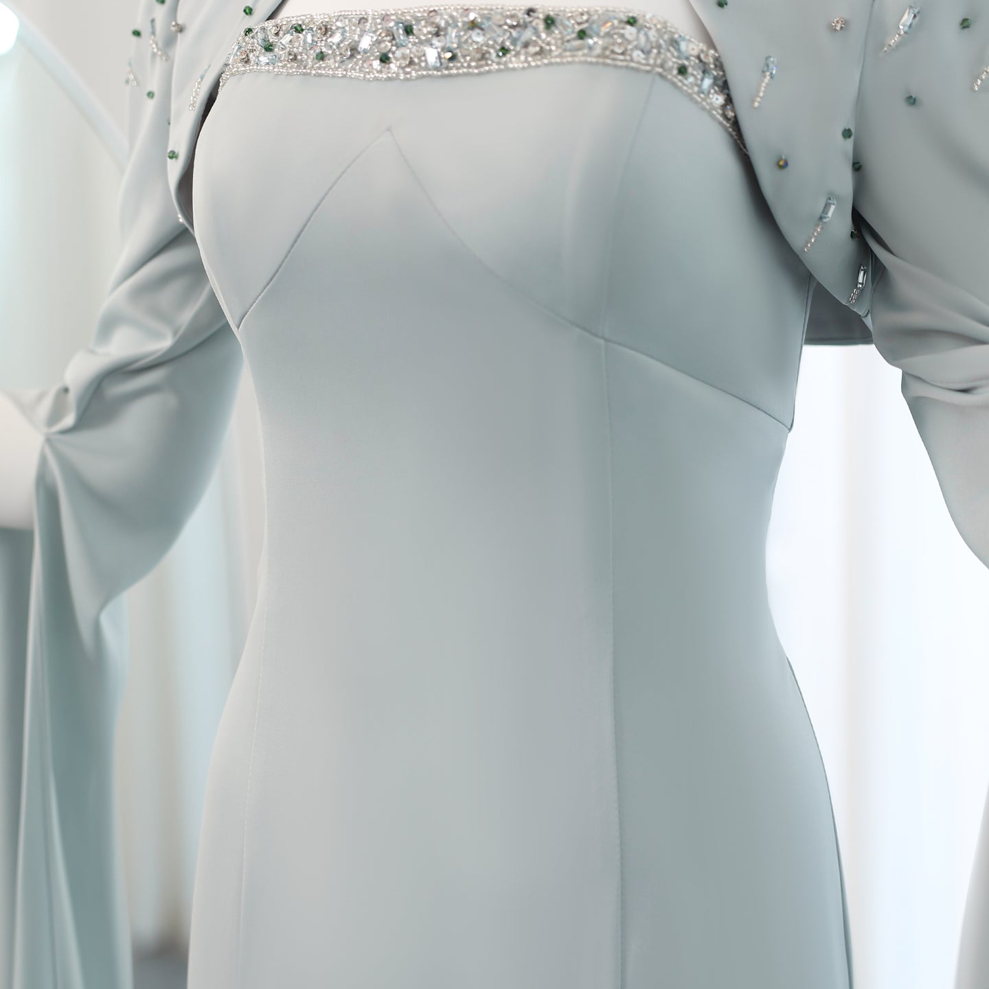 Luxury Sage Green Evening Dress with Cape Sleeves SS424