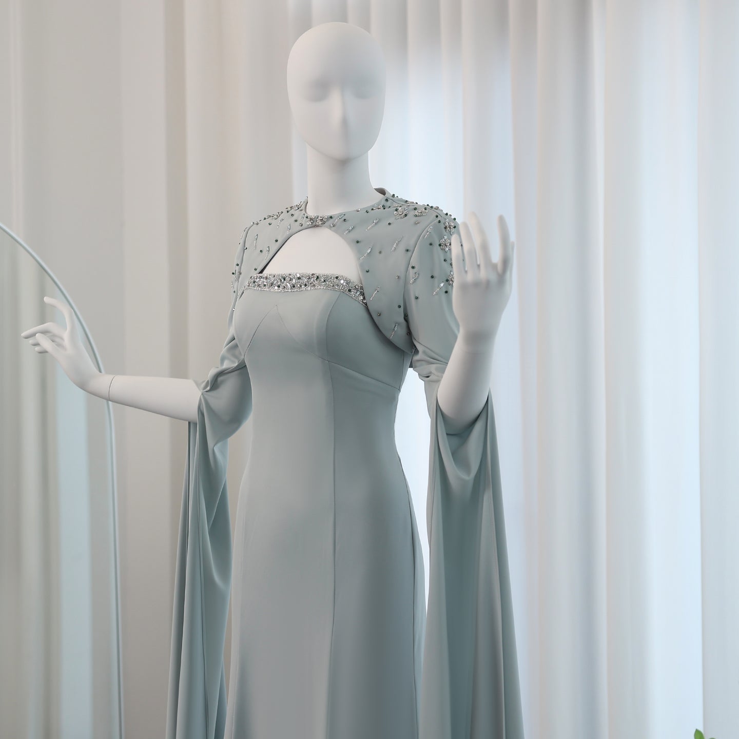 Luxury Sage Green Evening Dress with Cape Sleeves SS424