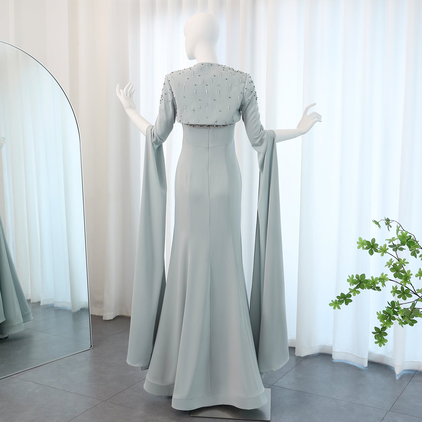 Luxury Sage Green Evening Dress with Cape Sleeves SS424