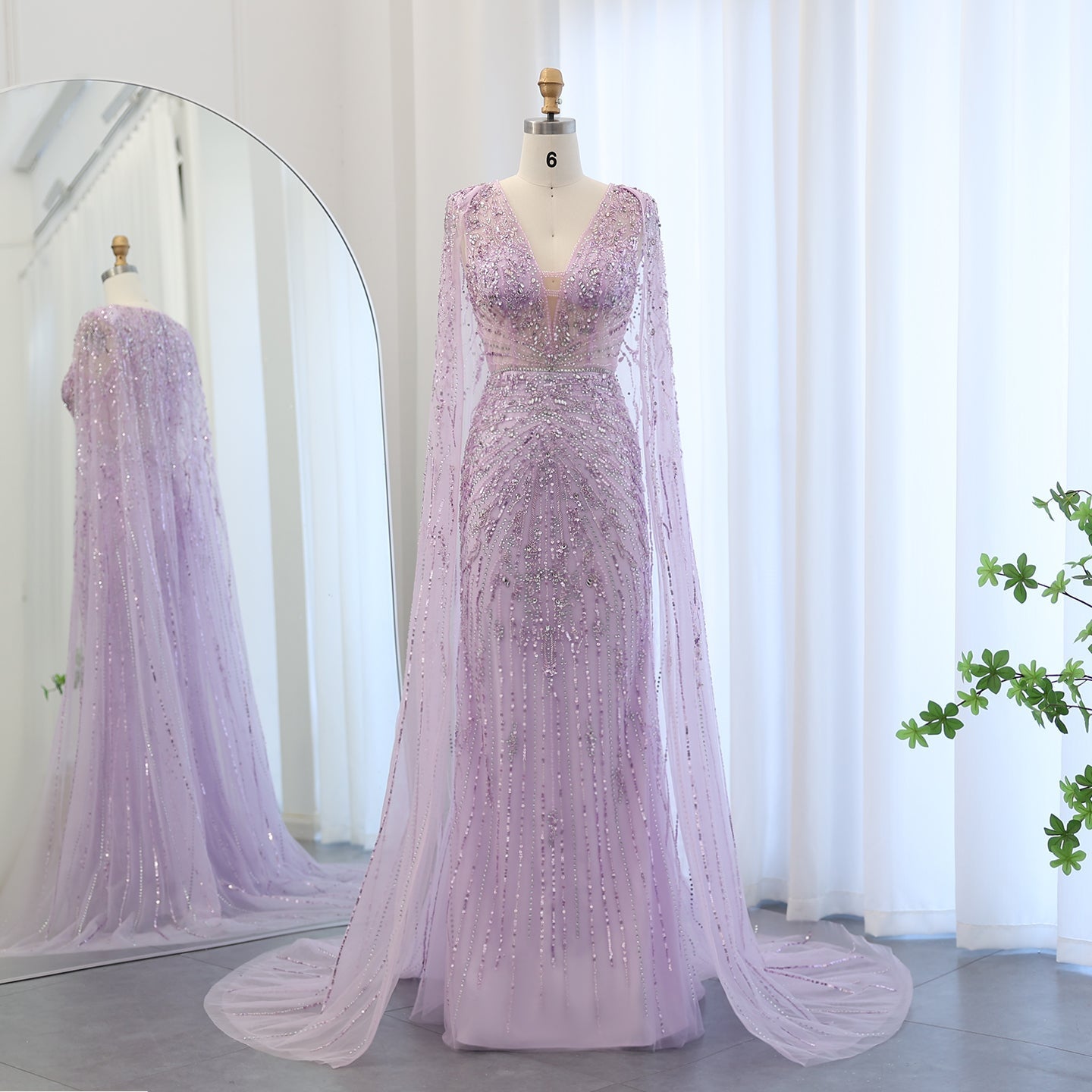 Luxury Turquoise V-Neck Evening Dress with Cape SS397  Lilac / US 20