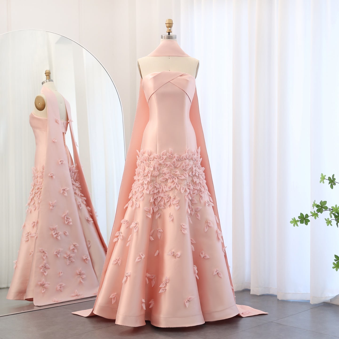 Luxury 3D Leaves Pink Satin Evening Dress with Cape SS463  Pink / US 16