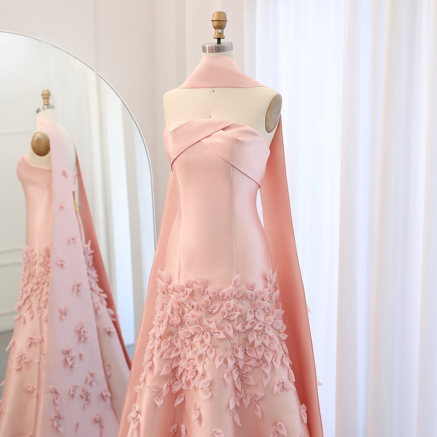 Luxury 3D Leaves Pink Satin Evening Dress with Cape SS463