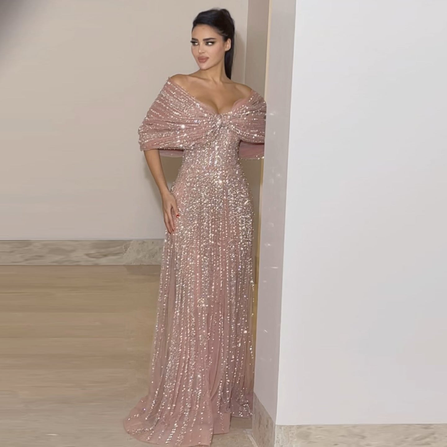 Sparkly Blush Pink Off Shoulder Evening Dress SS653