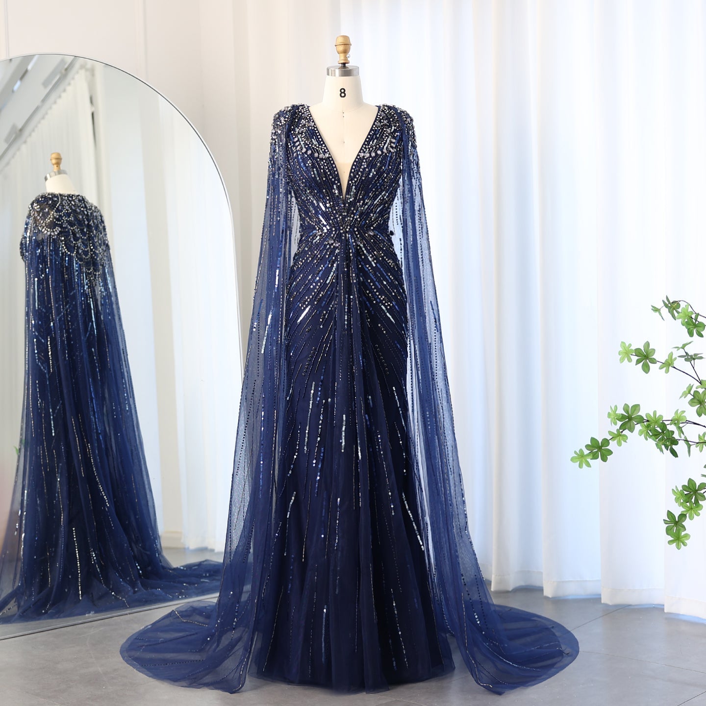 Luxury Dubai Green Evening Dresses with Cape Fuchsia Crystal Gold SS399  Navy Blue / US 20