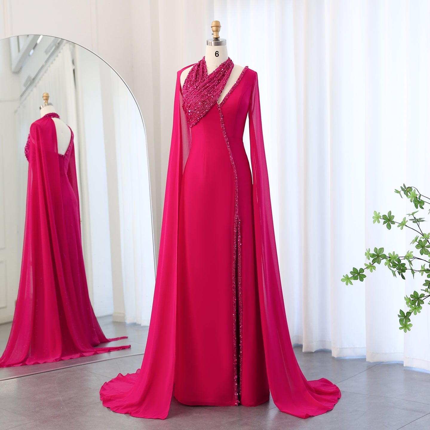 Luxury Green Halter Evening Dress with Cape Sleeves SS474  Fuchsia / US 16