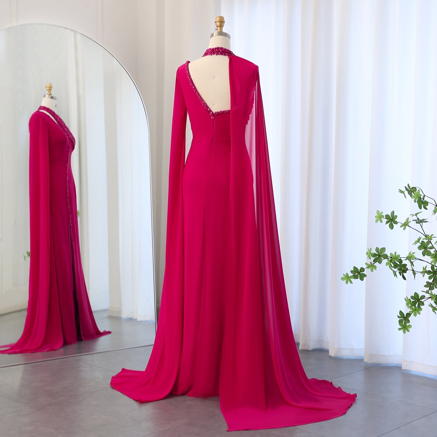 Luxury Green Halter Evening Dress with Cape Sleeves SS474