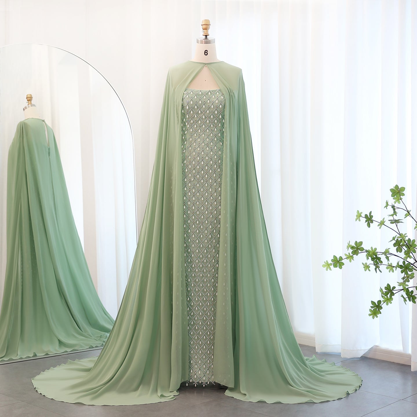 Luxury Crystal Pearls Sage Green Evening Dress with Cape SS431  With Cape / US 16